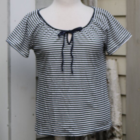 Joe Fresh Blue White Stripe Scoop Neck w Keyhole & Tie Short Sleeve Knit Tee MED - Picture 1 of 7